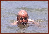 Swamishri swims to the shores of the river bank