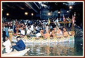 Pramukh Swami Maharaj seated on the boat before leaving the shores of the river Sabarmati