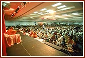  A packed Satsang assembly of devotees listening to the discourses in the mandir hall