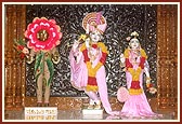 Shri Harirkishna Maharaj adorned in chandan and Shri Radha Krishna Dev