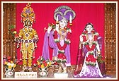 Shri Harikrishna Maharaj decorated in chandan and Shri Radha Krishna Dev