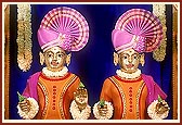   Shri Akshar Purushottam Maharaj adorned in chandan and beautiful designs