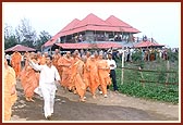 Swamishri on an observation tour of the Tithal mandir complex
