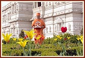Swamishri with Shri Harikrishna Maharaj in the mandir garden
