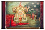 Painting depicts the chanting of Swaminarayan dhun in Akshar Deri when Yogiji Maharaj was bitten by a cobra