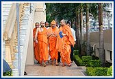 After Thakorji's darshan Swamishri is on his way towards the mandir assembly hall for his morning puja