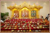 Annakut is offered to the sacred images of Akshar Purushottam Maharaj, Radha Krishna Dev and Guru Parampara