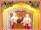 After Swamishri performed the murti-pratishta rituals in India, the deities are ritually being installed by sadhus in the mandir