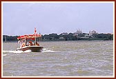 After the fifth arti, the boat enters Yagnapurush Sarovar (lake)