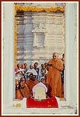Swamishri performs pujan of Dwar-shakh of the under construction Guru Shikhars behind the BAPS Shri Swaminarayan Mandir pradakshina